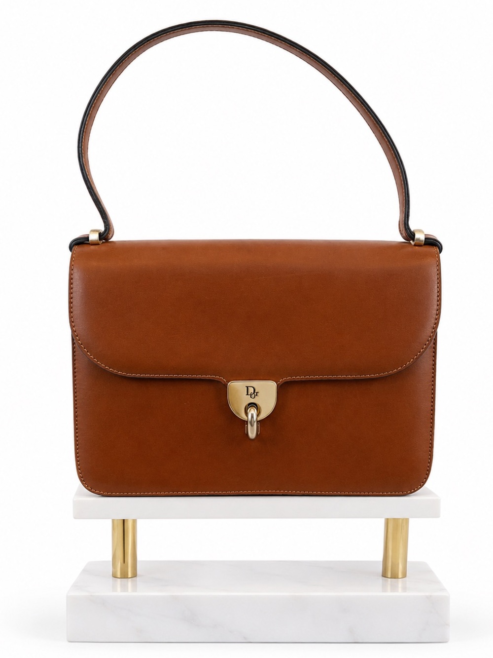 Vintage Christian Dior Brown Leather Top Handle Shoulder Bag CD Turn Lock Purse